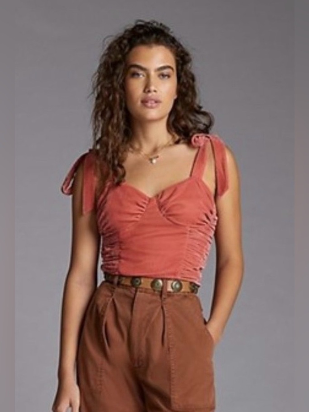 Forever That Girl Velvet Rusty Pink Crop Top Tie Shoulder Size Small Cottagecore